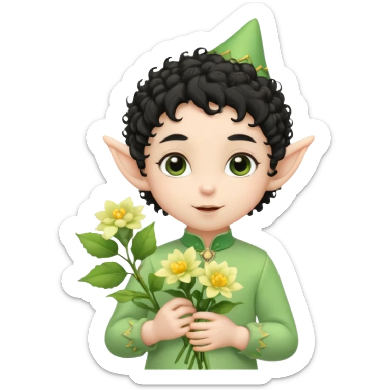 Tiny elf baby black curly hair with pointy ears\, pastel green outfit, hold flowers sticker