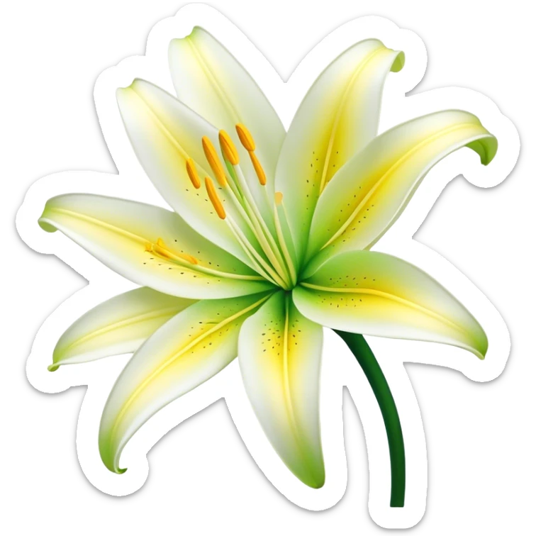 Cinematic Realistic Lily Emoji, Elegant and fragrant, with soft, white petals curling delicately around a golden-yellow stamen at its center. The long, slender green stem stands tall, supporting the vibrant bloom with its slightly curled tips. Soft glowing outline, capturing the essence of purity, elegance, and grace in a striking lily. sticker