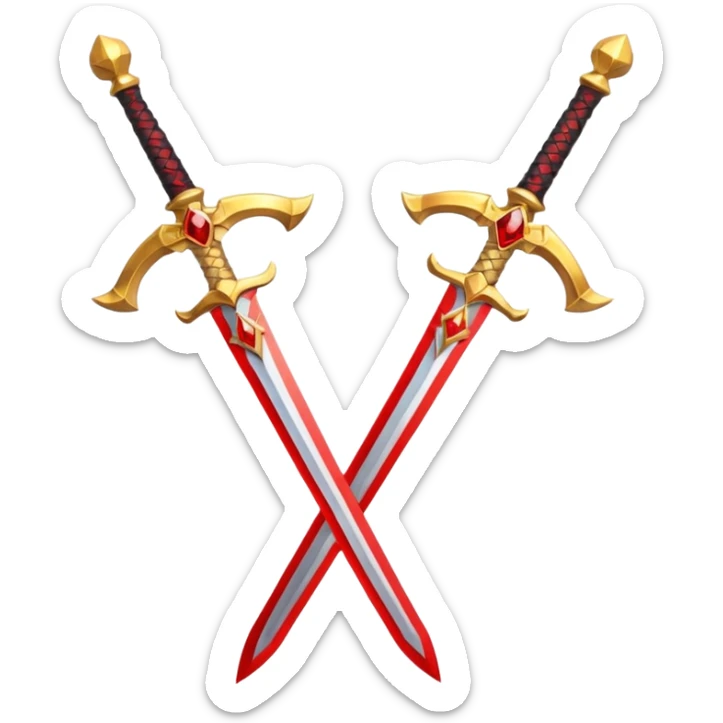 Two powerful on fire fully golden fiery royal crossed swords with red gems sticker
