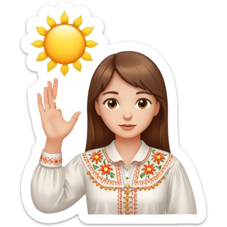 Young Ukrainian girl with brown hair wearing a white embroidered traditional shirt holding a bright sun in her hand sticker
