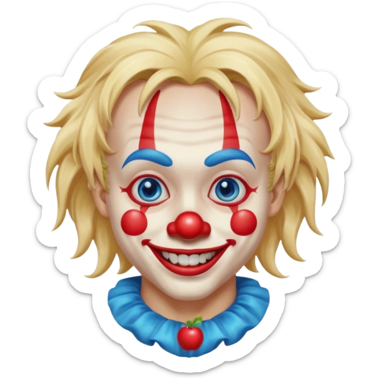 creepy clown boy with messy very long long blonde hair, blue eyes, make it more like an apple emoji sticker