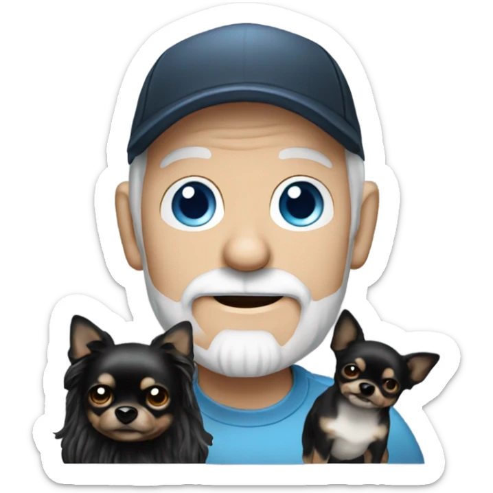 Old man with blue eyes goatee beard ball cap holding black Chihuahua long hair sticker