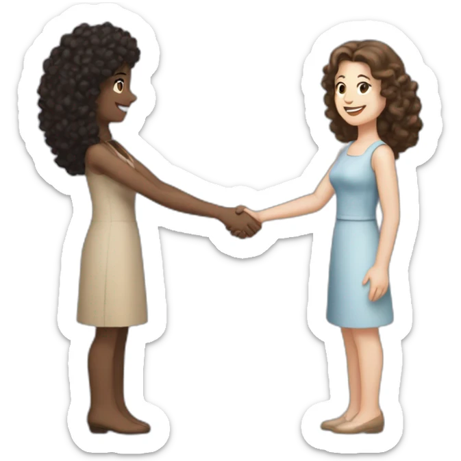mid-sized pale woman with straight brown hair shakes hands with a tan mid-sized woman with black curly hair sticker