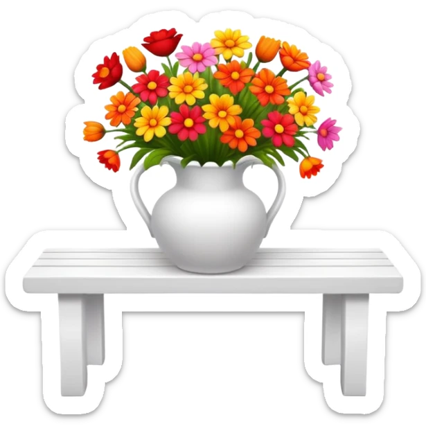 White benches with a romantic lush warm-colored flower vase on top of table sticker