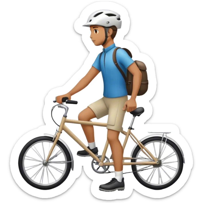 a man walking next to his bike, a bicycle helmet on the head sticker