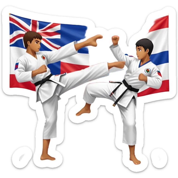 Two taekwondo fighters in a competition arena, one performing a high spinning kick towards the opponent’s head, while the other blocks with a precise guard. The background features a dynamic, bright arena with flags, emphasizing speed and agility in the martial art. Transparent background  sticker