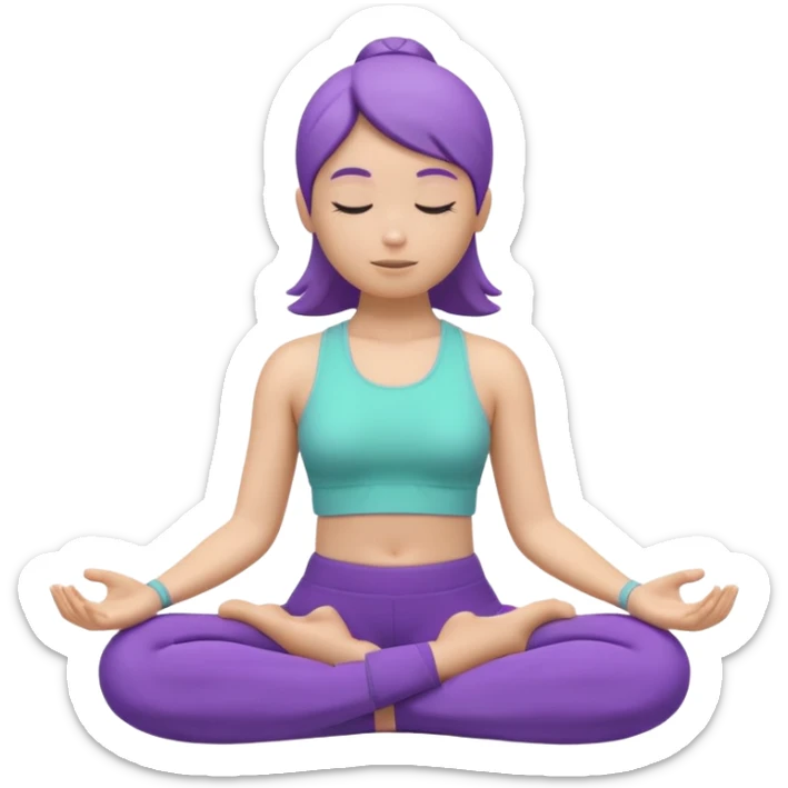 Modern premium 3D emoji icon: faceless gender-neutral person meditating (cross-legged) in sporty activewear, smooth rounded shapes, matte + subtle gloss, top-left studio light, soft shadow, faint halo aura. Purple outfit with a mint (or warm peach) accent. Centered, transparent background, no tex sticker