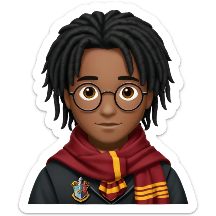 Luke Youngblood is Lee Jordan in harry potter, wear hogwarts uniform, dreadlocks black  hair, black skin,  gryfindor scarf around neck sticker