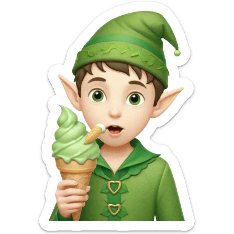 
A young elf boy in leafy clothes licking a triple-scoop ice cream with wide eyes.


A tall elegant elf with long braids enjoying a mint swirl cone under soft light.




 sticker