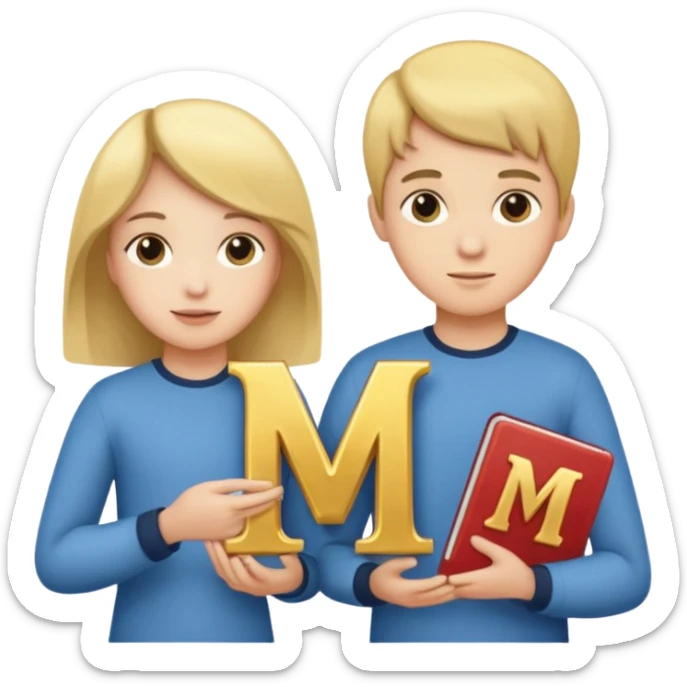 Create two letters, N and Y, in the shape of sisters. Create an image of a boy holding the letter N and a girl holding the letter M  sticker
