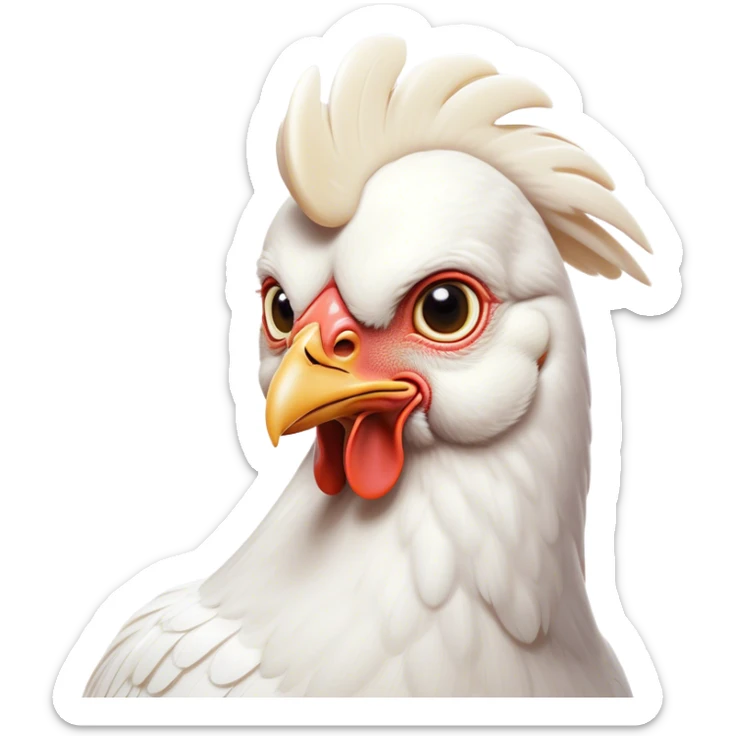 Cinematic Noble White Chicken Portrait Emoji, Poised and regal, with a compact, sturdy build and a pristine, well-groomed pure white plumage, deep-set soulful beady eyes, Simplified yet sharp and sophisticated features, highly detailed, glowing with a soft, dignified glow, high shine, intelligent and alert, stylized with an air of barnyard elegance, focused and attentive, soft glowing outline, capturing the essence of a watchful and confident fowl, so majestic it feels as though it could strut out of the screen with effortless authority! sticker