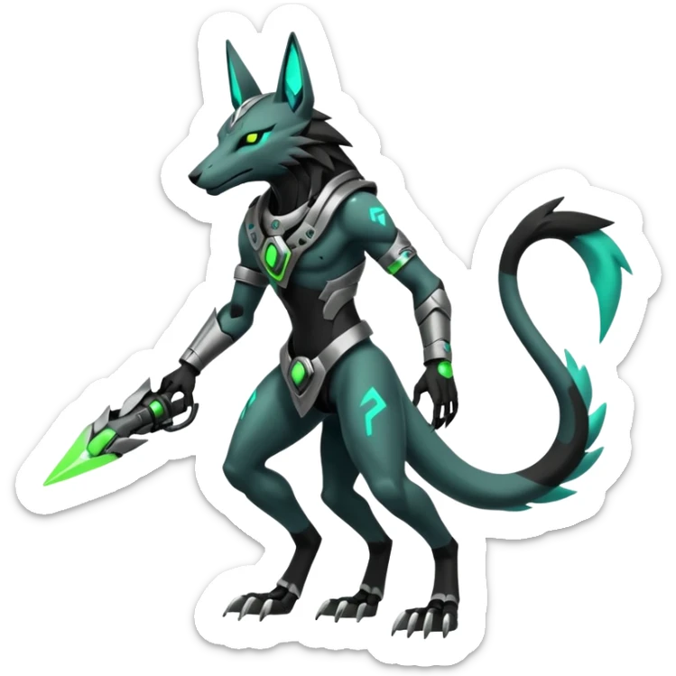 Black and green cyberpunk intricate neon glowing grey white futuristic cyborg-Anubis-Zeraora-Zoroark-fusion (full body) sticker