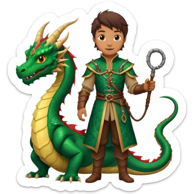 a dragon tamer with a whip in his hand in medieval time with a dragon next to him sticker