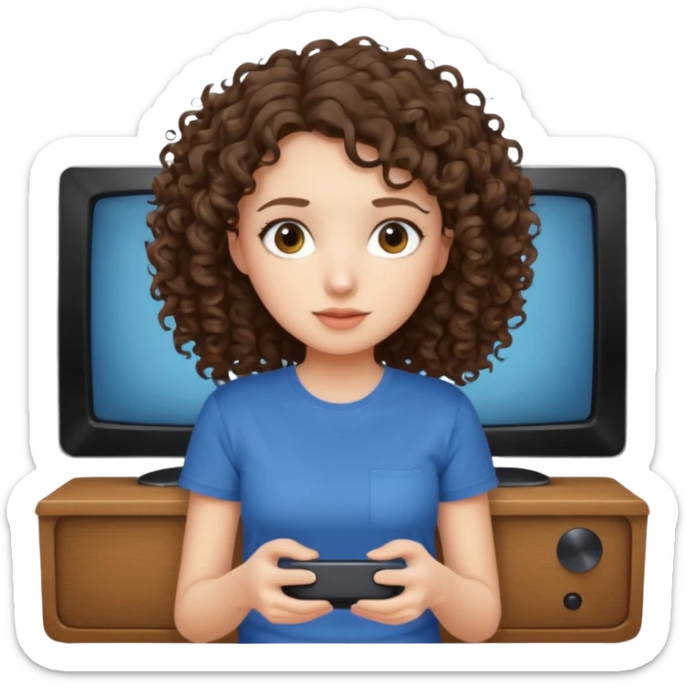 A girl, brunette with curly hair down to her shoulders, watching TV.  sticker