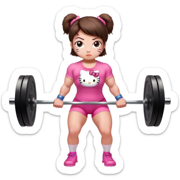 A strong female powerlifter with short brown hair performing a deadlift. She wears a pink Hello Kitty t-shirt and has small bruises on her legs. Her expression is focused and determined as she lifts the heavy barbell in a gym setting. The atmosphere is intense, highlighting her strength and dedication. sticker