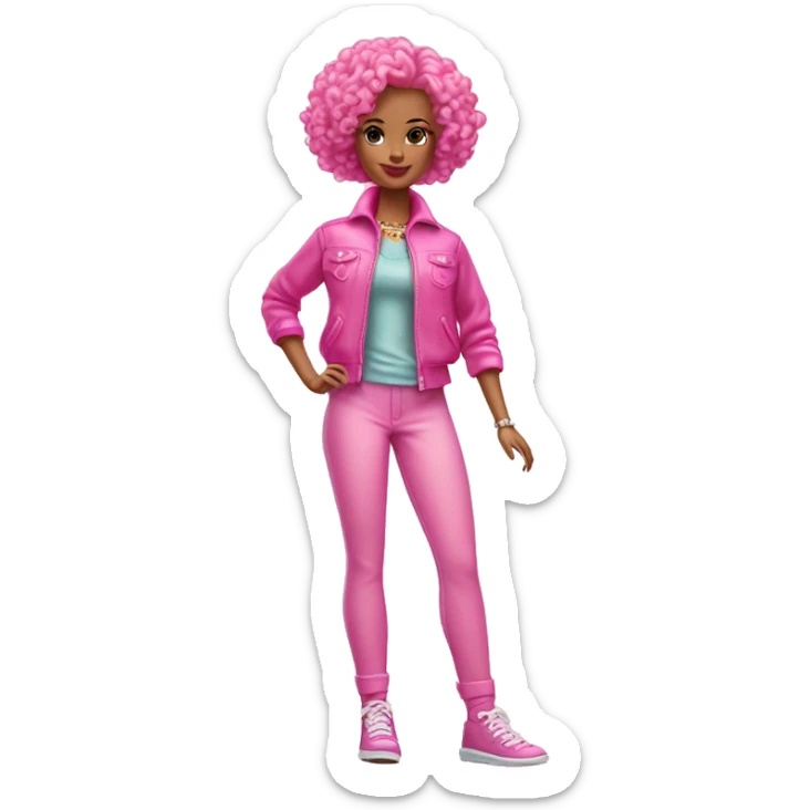 Curly short hair barbie full body pink clouth sticker