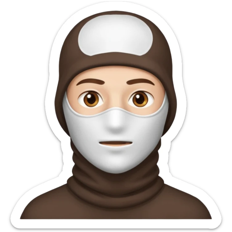 head of a guy with brown eyes wearing a white balaclava without a mouth sticker