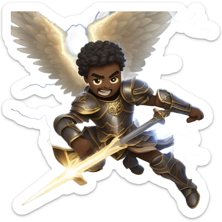 angels and demons in a lively fight mid flight with swords and armor and lightning sticker