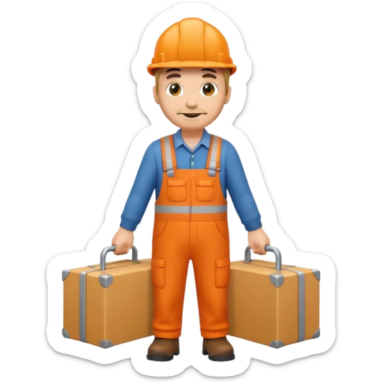 emoji style railway engineer full body in orange overalls, carrying a box in front of them sticker