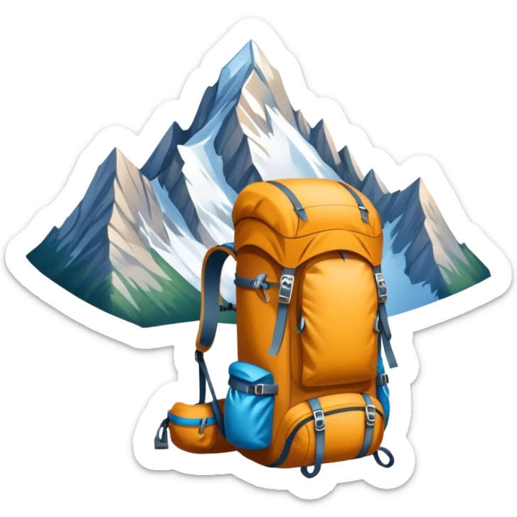 Icon for Mountain Tourism and Climbing: a mountain peak in the background, climbing gear and backpack. The icon should capture the adventure and challenge of alpine exploration. Transparent background. sticker