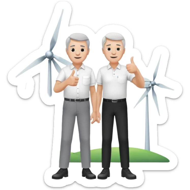an older white man with grey hair and a white shirt and black pants doing a thumbs up pose, standing next to a single silver wind turbine sticker