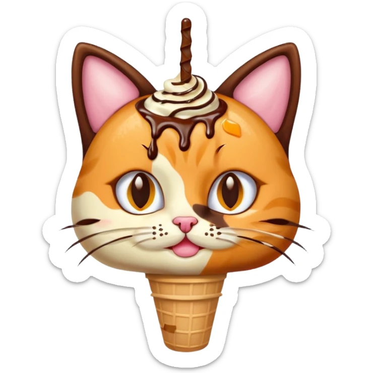 Haz un emoji de un helado de chocolate con sirope naranja, con cara de gato y orejas y bigotes de gato sticker