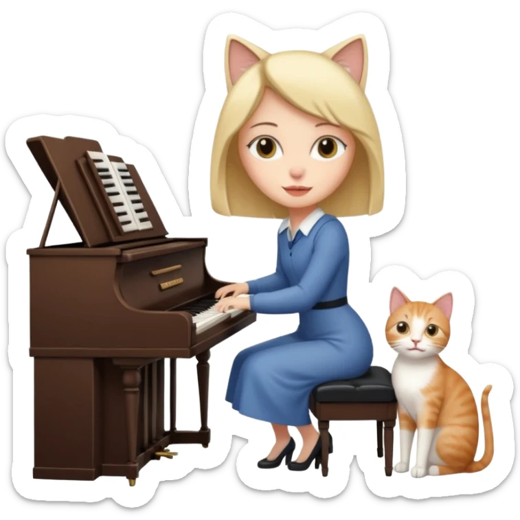 woman playing piano while her cat sits on top of the piano sticker