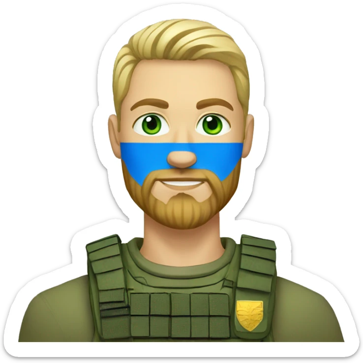 ukrainian military blonde man with a beard with green eyes with blue viking paint on the face  sticker