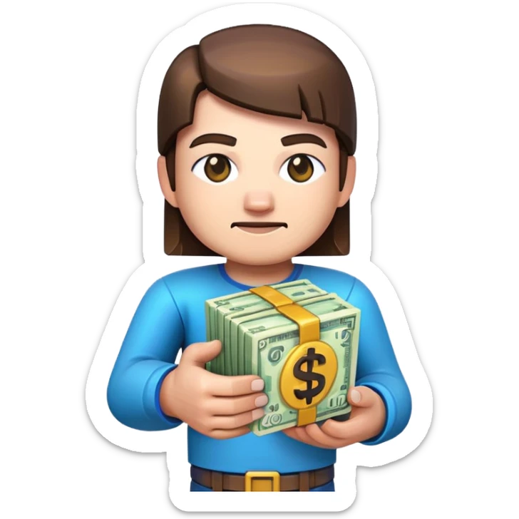 emoji style icon, minecraft blocky character holding a stack of money, pixel art style, bright colors, simple background, 3D glossy emoji, centered composition, soft shadow, high detail, clean outline, white background sticker