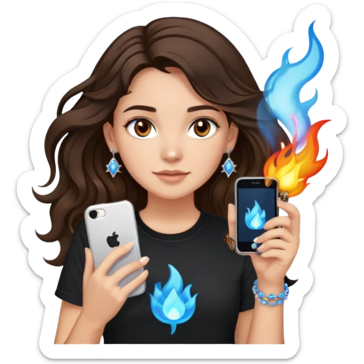 brunette girl with wavy medium length hair, brown eyes, light/medium skin tone, holding iPhone and light phone, wearing black tee shirt with flame pattern on it, small silver hoop earrings with blue gem stars, and colorful beaded charm necklace sticker