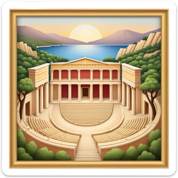 Cinematic Realistic Theatre of Epidaurus Landmark Emoji, depicted as a classical open‚Äêair theatre nestled in nature rendered with soft textures and serene, historical lighting. sticker