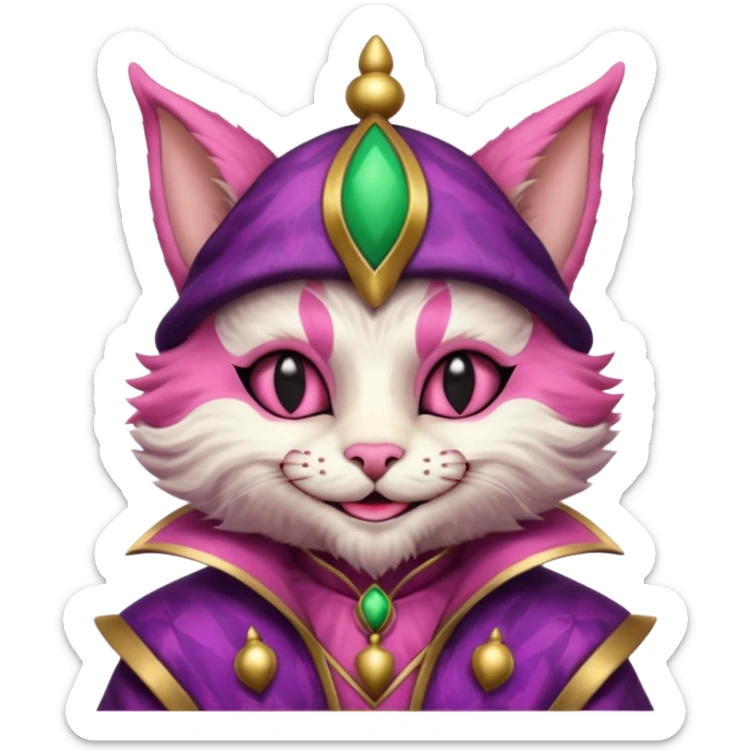 court jester cat medieval, single poker card joker clearly visible, pink, face only sticker