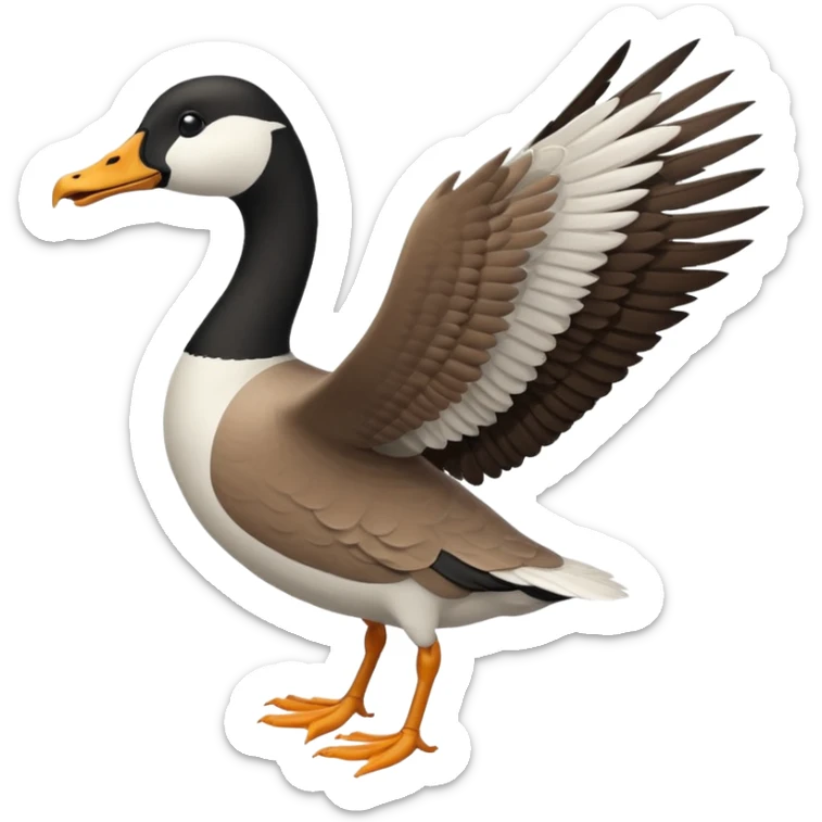 wild goose in flight, with black neck, black feet, brown wings, black-and-white head, white belly sticker