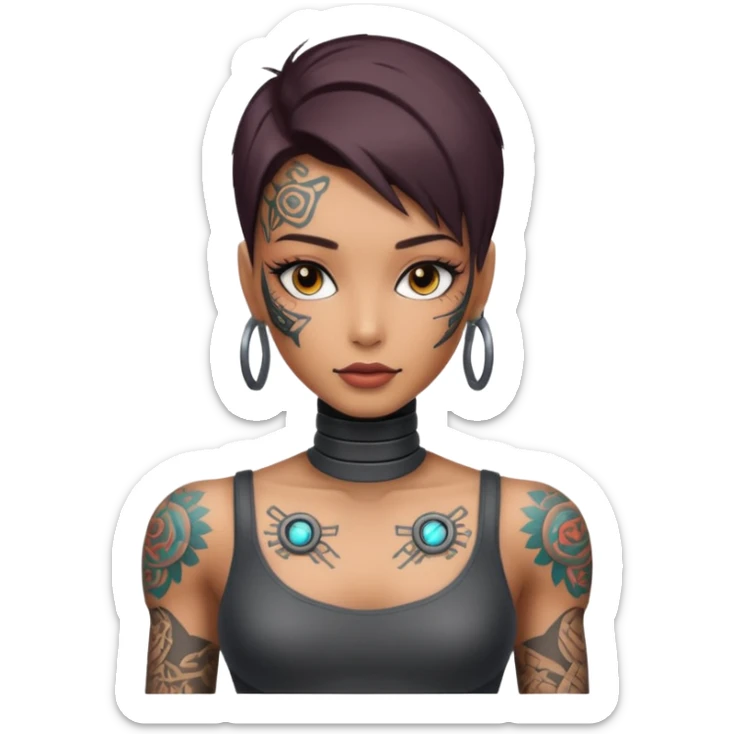 a cool looking ai robot half human sexy female tattoo artist sticker