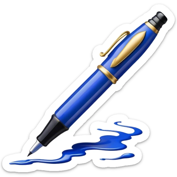 Create a vibrant emoji featuring a classic ink pen (fountain pen) as the main symbol of prose writing. The design should highlight the elegant curves of the pen, with ink flowing from the nib onto a blank page or scroll. Use deep ink blue, black, and subtle metallic accents to convey sophistication and creativity. The emoji should be simple yet striking, representing the art of storytelling. Make the background transparent. sticker