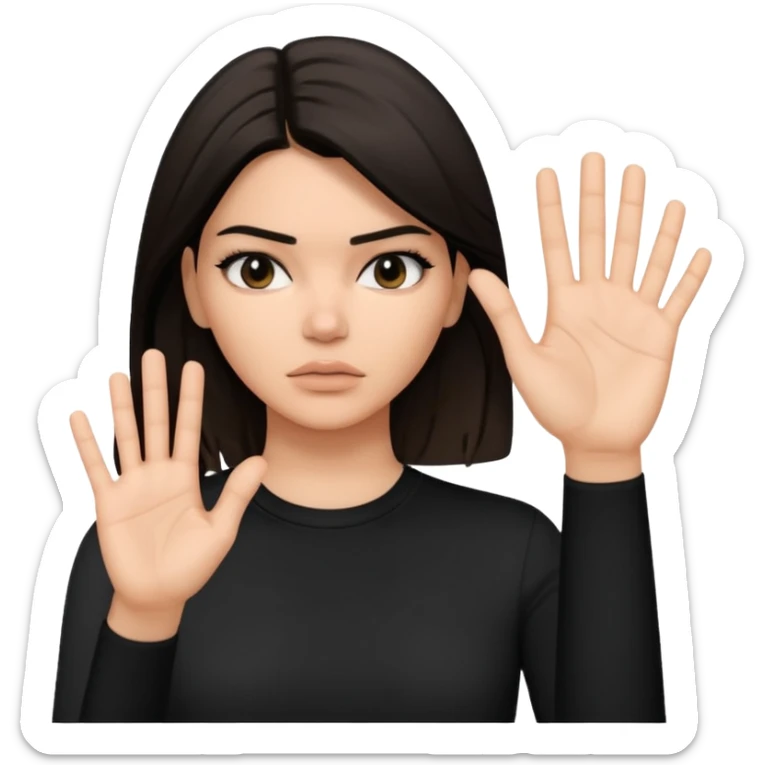 kendall jenner looking anoyed and showing her palm which is small signalising stop sticker