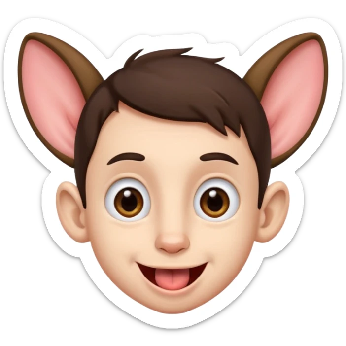 a brunette boy with small eyes with big human ears and with his tongue out sticker