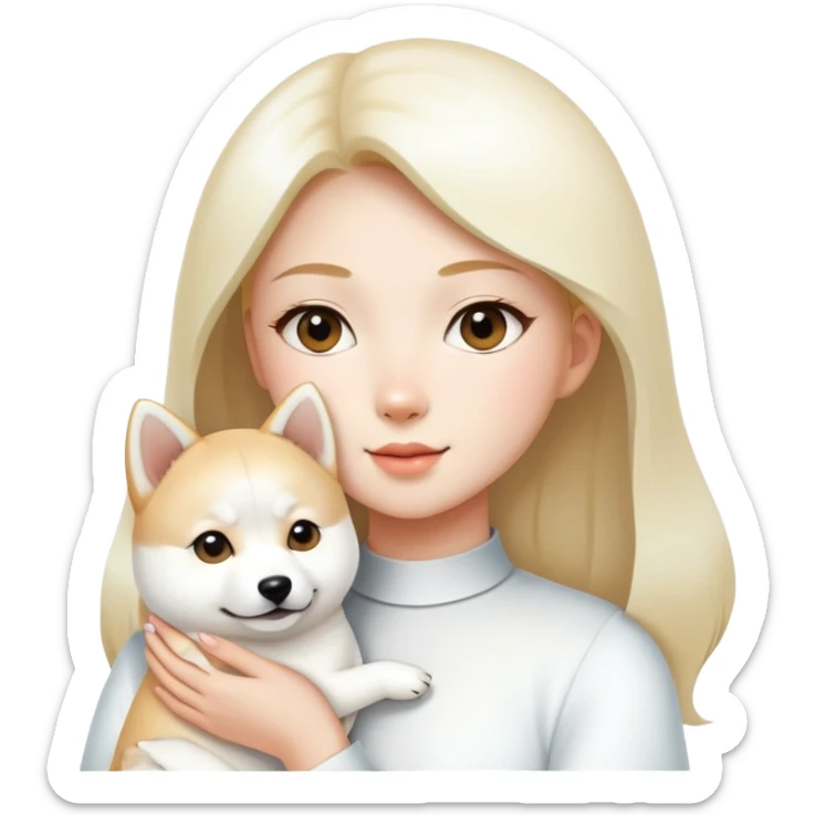 A beautiful girl holding a white Shiba Inu sticker