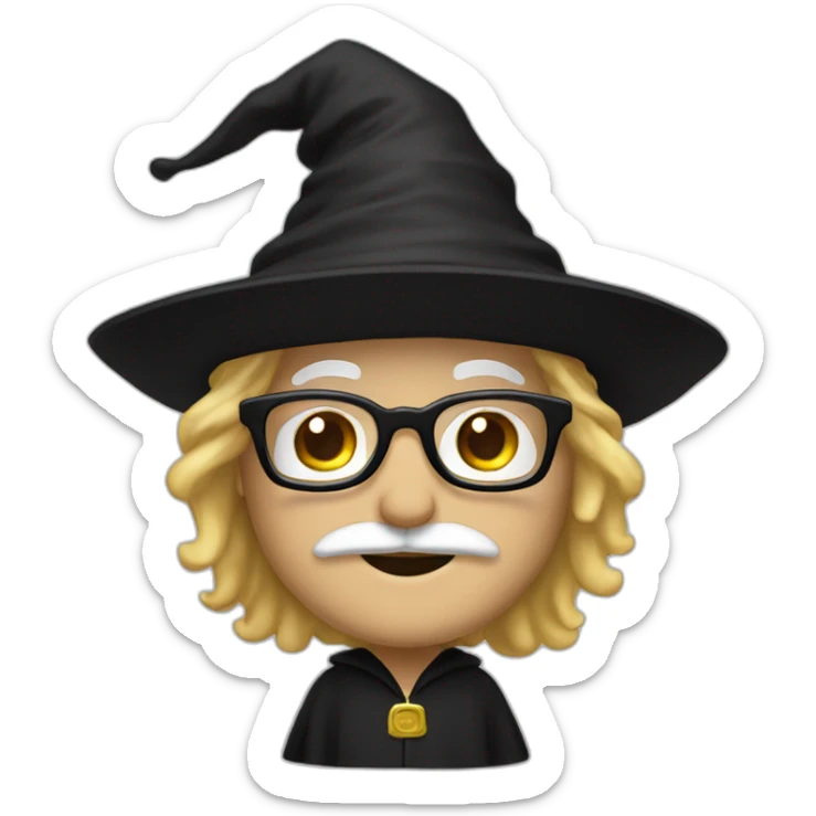 AA man with blond hair and a mustache, wearing a black squared shaped eye glasses, wizard hat, black  robe sticker