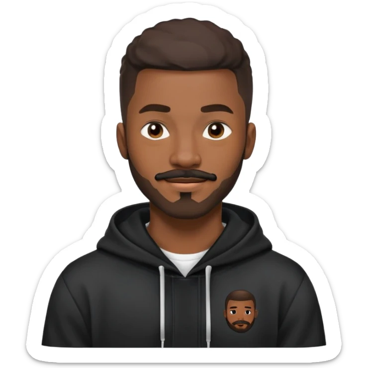 African yound man in his late 20s with a wink and  full short boxed beard and moutache , crew cut hair style, black hoody sticker