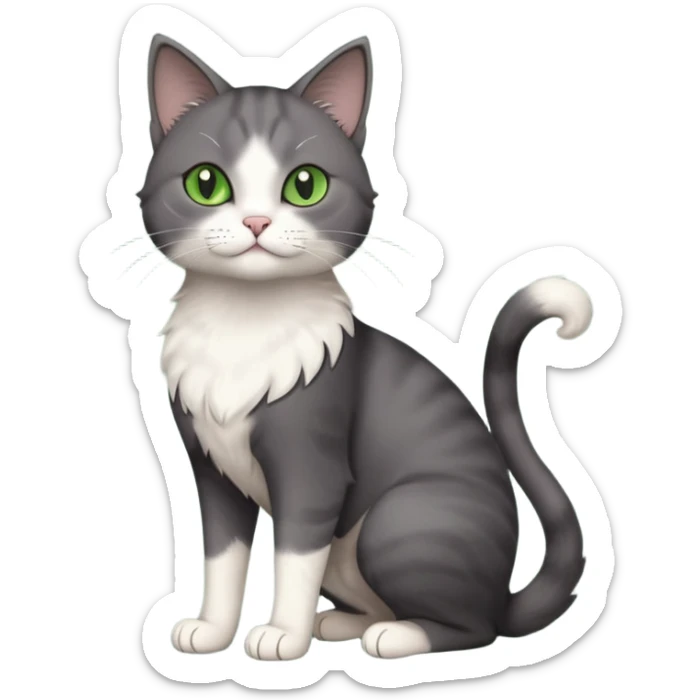 full body view of beautiful female solid dark grey cat with green eyes, white toes/paws and white patch on her chest sticker
