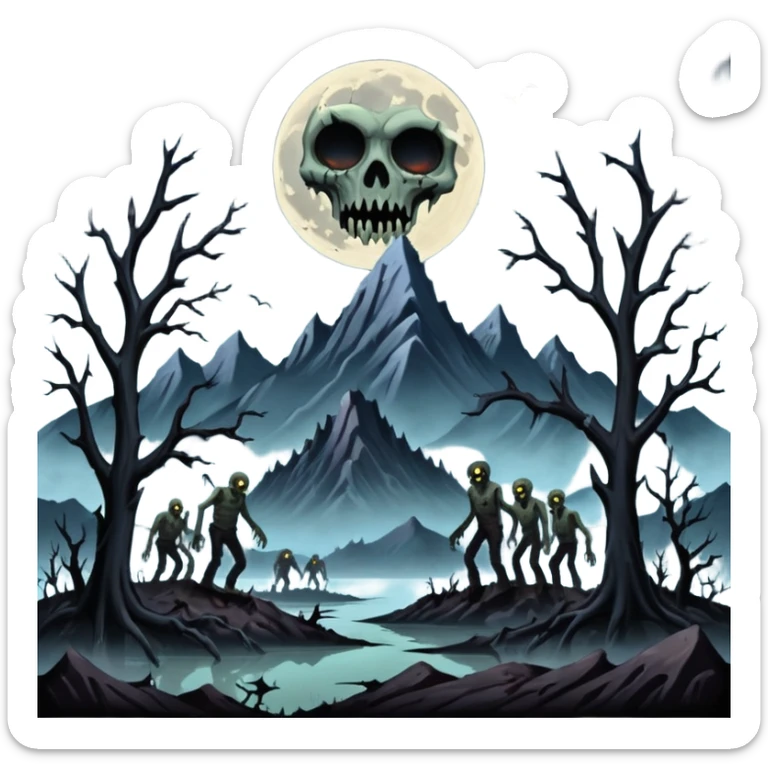 A dark creep Alaskan land scape with rotting trees and zombies rising from the ground infront of evil looking mountains with a cloudy evil moon. sticker
