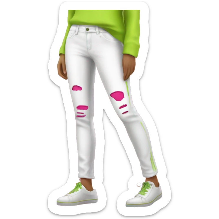 Realistic isolated side view of a pair of white jegging pants with lime green and hot pink distressed brushed colors on them. sticker