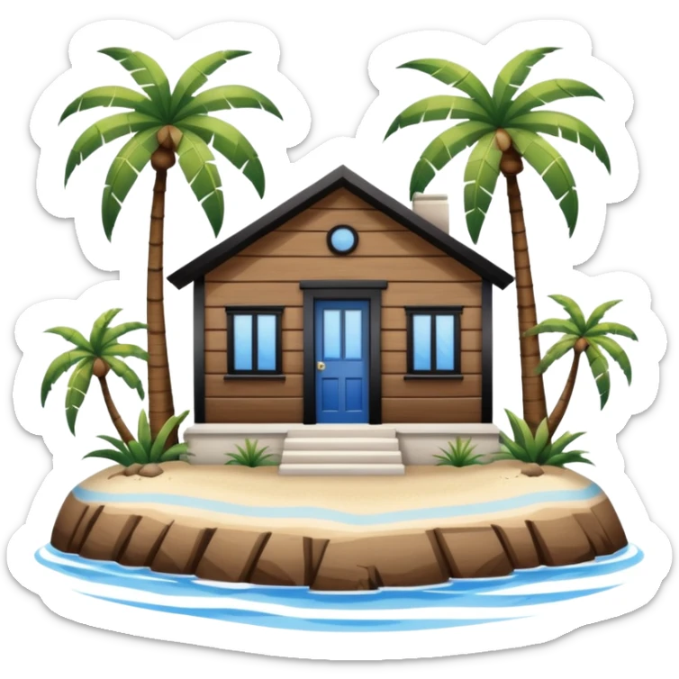 A full square no roof  white and blue stripe house horizontally with brown wooden door on a island with palm trees  sticker