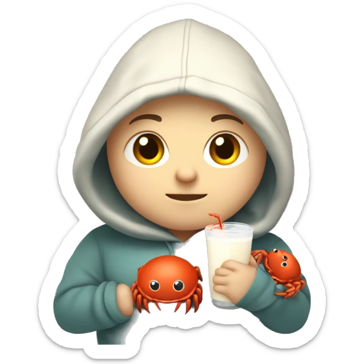 chubby, light hair, short hair, combover, hoodie, holding crab mascot from rust programming language. And a sweet milk in the other hand sticker