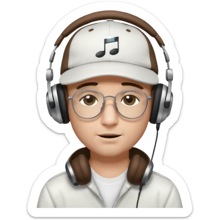 dj man white with baseball cap - rayban glasses - brown hair - closed eyes with headphones on with musical note over head (listening to music ) - eyes closed no glasses  sticker