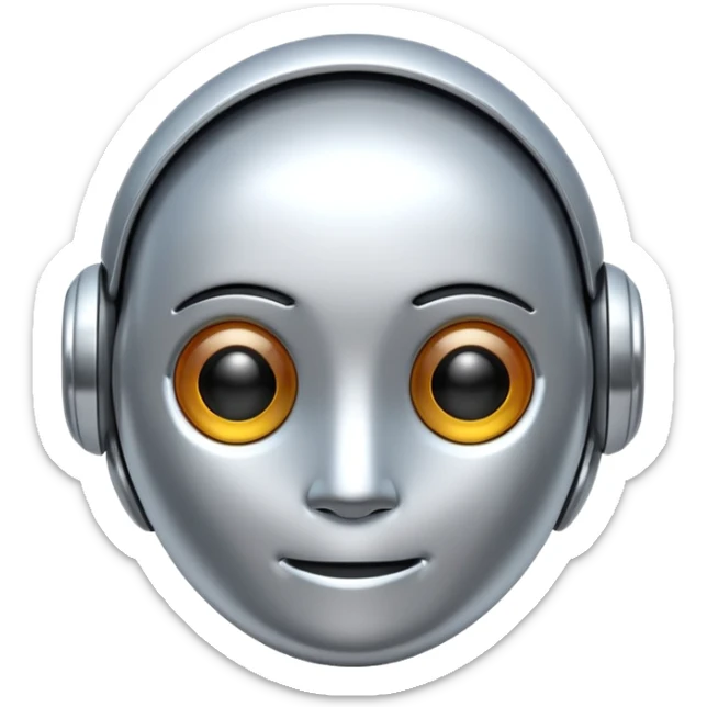 A cute futuristic robot emoji made of silver chrome, rounded friendly body, minimal facial features, glossy metallic surface, soft reflections, iOS emoji style, centered, clean white background sticker