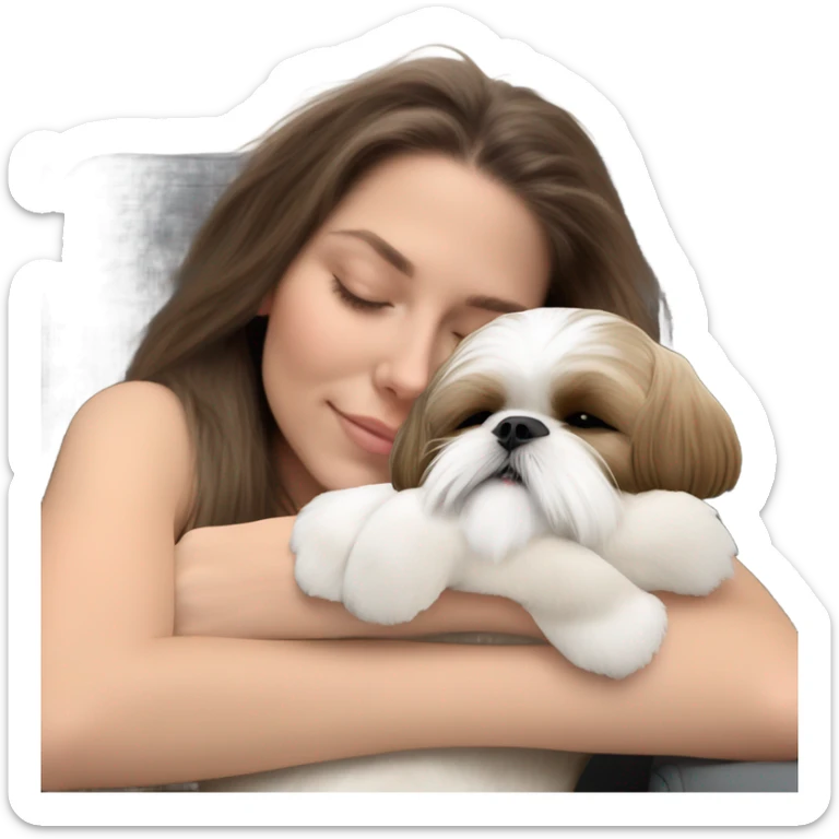 White and tan fluffy shih tzu sleeping on brunette white girl's lap sticker