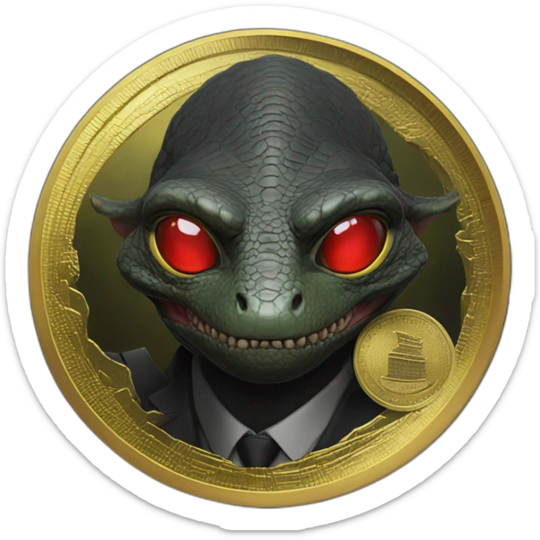 Reptilian with red laser eyes in black suite on the golden coin sticker