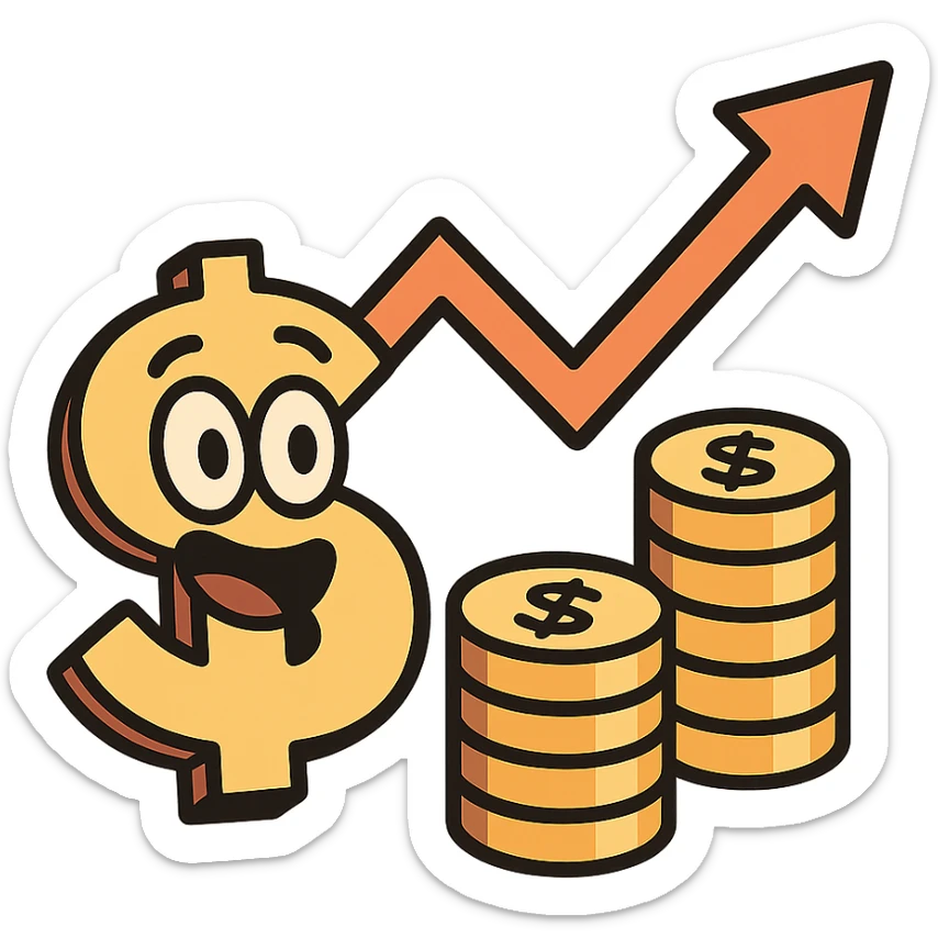 cartoon style icon for economy, with a dollar sign, coins, and a graph arrow sticker